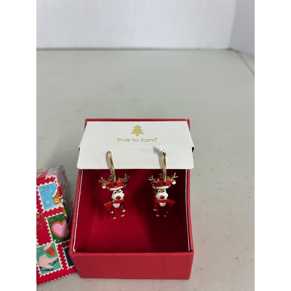 True to Form Christmas Reindeer Hoop Earrings Gold Tone Enamel Gift Box NEW